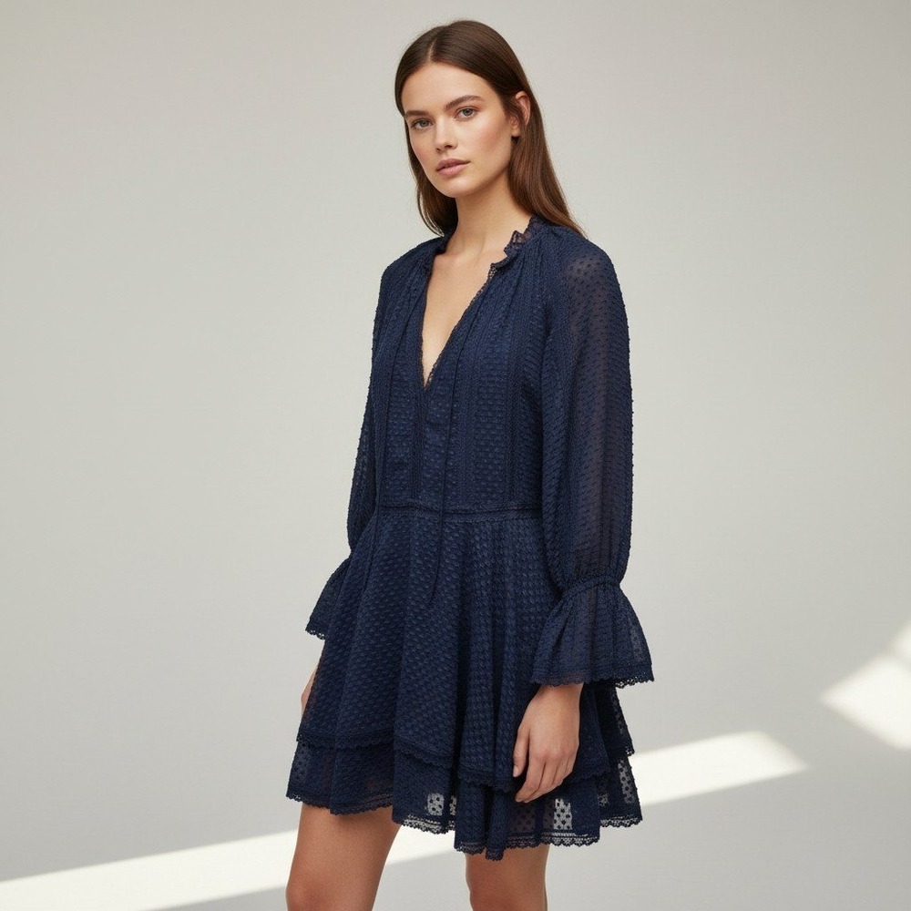 Alice + Olivia Navy Blue Clip Dot Lace Trim Ruffle Mini Dress Size 0